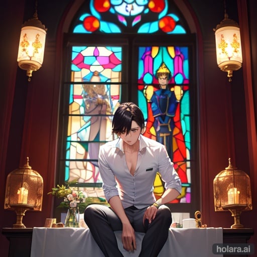 Image of young slender Thai male wearing an open white shirt and grey slacks sitting below a stained gl window at midnight during a full moon surrounded by clocks and pastel butterflies