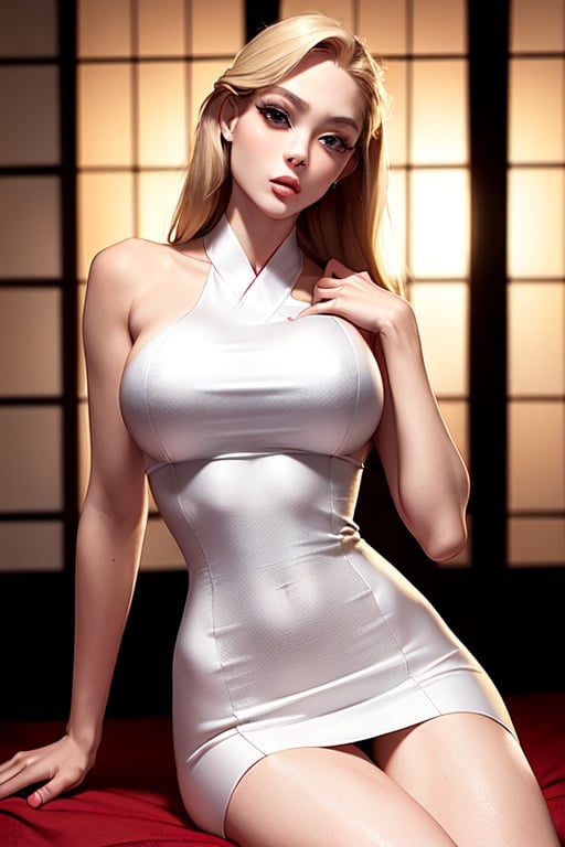 Image of fit, realistic++, skinny, (extremely detailed), caucasian, blonde, (lips like Angelina jolie’s)+++, very long hair, (beautiful Japanese dress)+++