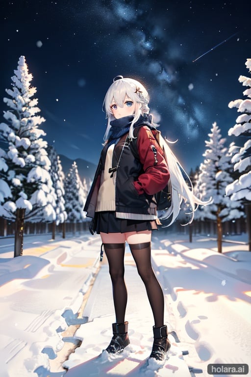 Image of  blue eyes, long sleeves, jacket, long hair, very long hair, hair ornament, gloves, thighhighs, closed mouth, black gloves, standing, hair between eyes, black jacket, full body, winter clothes, snowing, trees, town, high quality, 8k quality, white hair, magical girl, two girls, black hair, white jacket, red eyes, tied hair, night sky, starry background, forest, winter background, bangs, backpack, scenery, outdoors, scarf