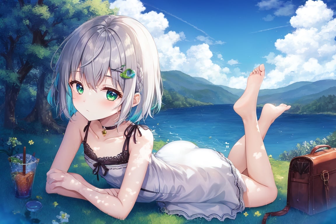 Image of (Masterpiece)+++, best quality+, 1girl, highres, solo, (short girl)++, (small girl)+, (petite girl)+, short hair, fluffy hair, light silver hair, beautiful detailed eyes, (bright light green eyes)+, (full body)+, deadpan, relaxed, (very sleepy)+, barefoot, white summer dress, sleeveless, (beautiful)+, (cute girl)++, lying, on stomach, stretching, leg behind back, mountaintop, day, beautiful blue sky, white clouds, bright sun, cinematic light, (vivid color)++, chill vibe