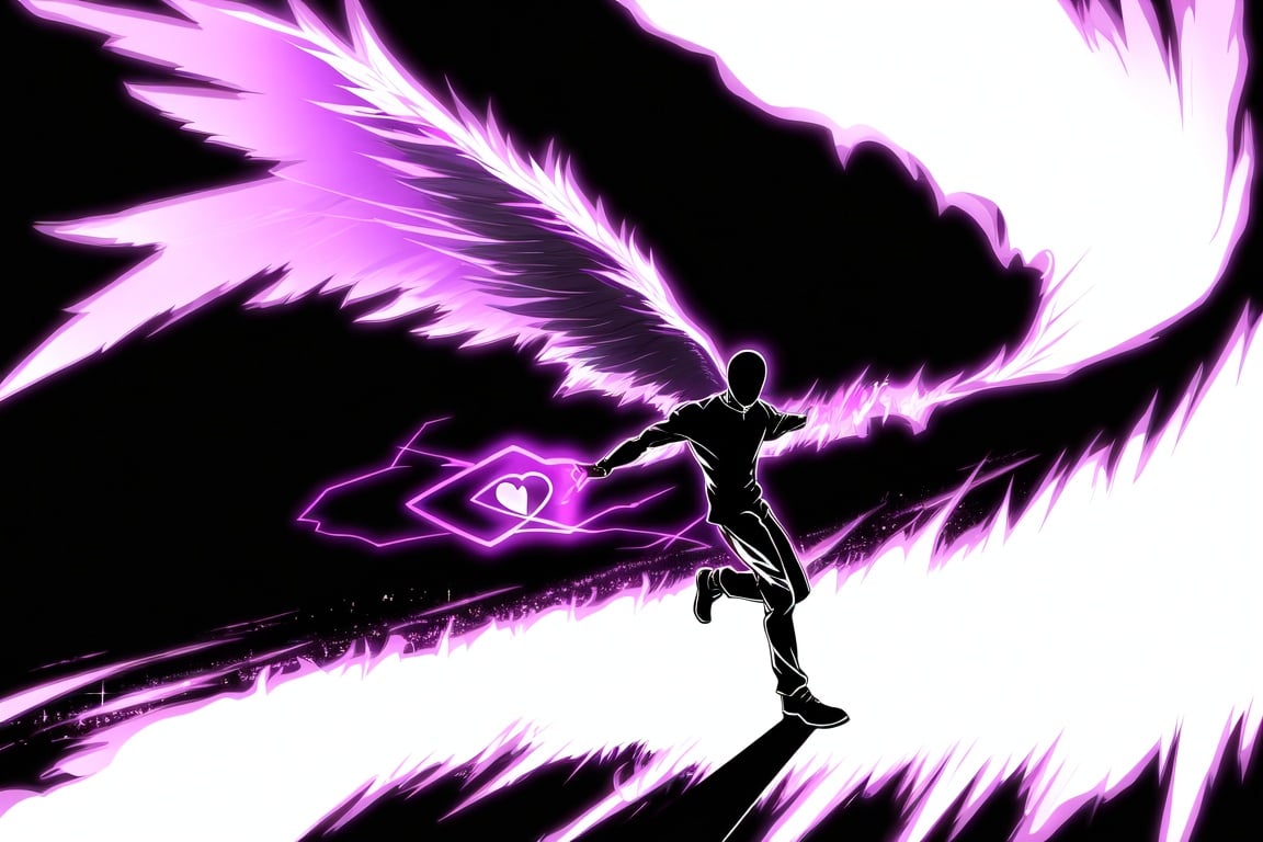 Image of 1guy, (black background)++, black, nothing, heart-shaped purple aura+, scenery, silhouette+, purple behind another, flames-, full body, angel wings,