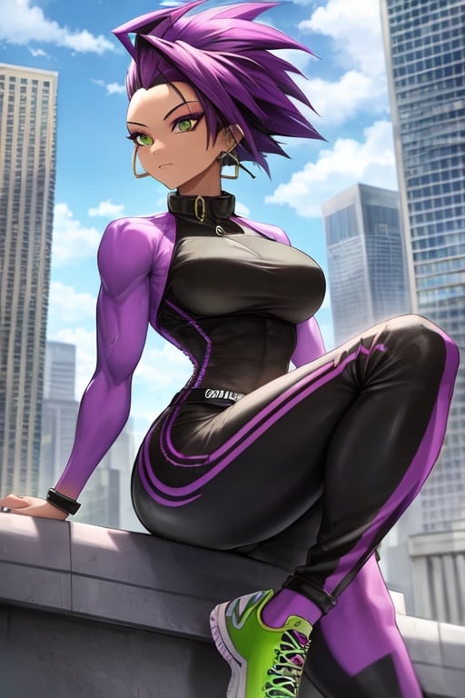 Image of (Masterpiece, high quality), woman, solo, Street Performer, Close-up Shot Size, From Front, Cityscape Background, Athletic Body Type, Dynamic Pose, Funky Mohawk, Vibrant Purple Hair Color, Short Hair Length, Expressive Green Eye Color, Streetwear Ensemble, Headphones, Graffiti Art Props