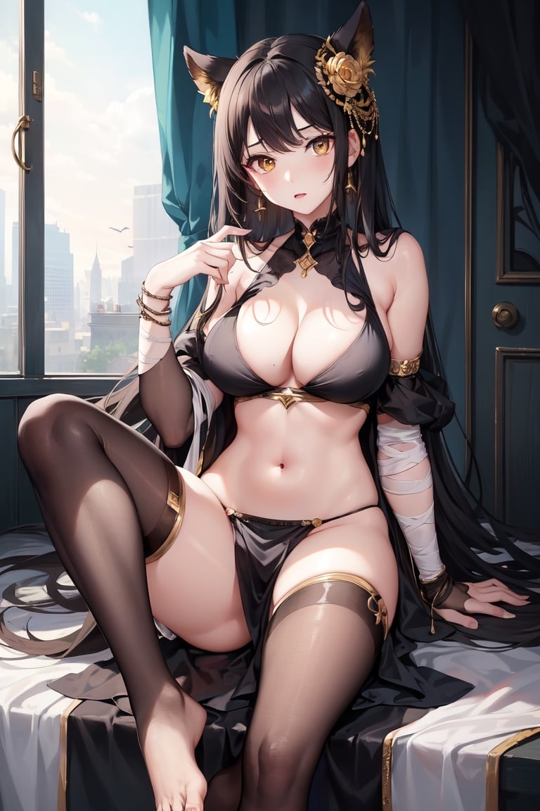 Image of (masterpiece), 1girl, best quality, expressive eyes, perfect face, (mummy), mummy costume, black hair, yellow eyes, bandages, bare shoulders, exposed Navel, legs, barefoot, cleavage, (pale skin:1.2), glaring, palace indoors, darkness 