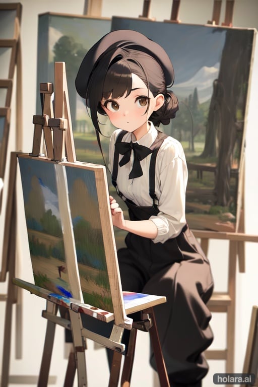 Image of (one adult girl)++, updo, hair ornament, strands of hair hanging, suspenders, beret, trousers, halfboots, flat chest, small breast, (curvy)----, slender, short height, (sitting on a tall stool)++, sitted, (grabbing a pincel)+++, (painting on a canvas resting on an easel)+++, painting, (looking at the canvas)++++, (focus at the canvas)++++, (looking at the viewer)----, (looking straight ahead)-----, (at the park)+, (oil painted)+++