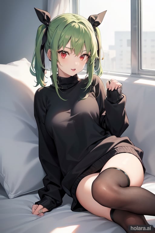 Image of 1girl, solo, lying++, crossed legs, from side, green hair, red eyes, :p+, spiked hair, (hair ribbon)++, sweater+, space--