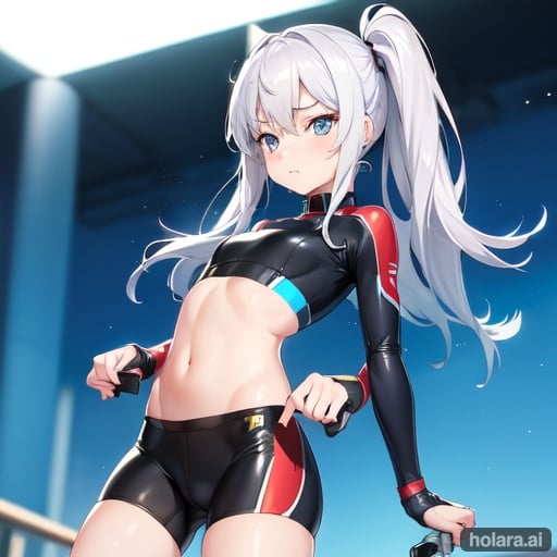 Image of 女の子ひとり、bike_shorts 、shiny_skin 、wet、wet_clothes、long bike_shorts、shiny_bike_shorts、low_angle 、covered_navel 、shiny_clothes 