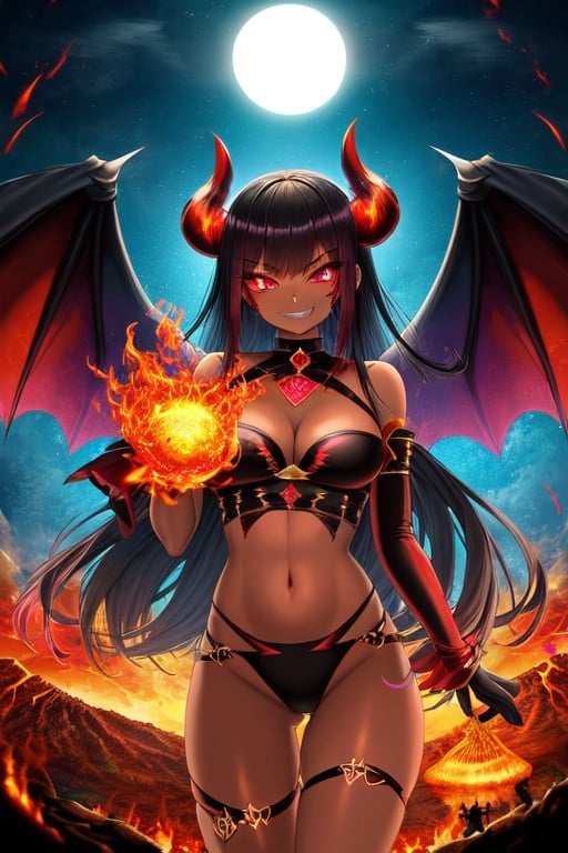 Image of "(highest quality)", "(highest quality)", "(super detail)", "(hell)", "red haze+,"(fiery glow)++", "(standing picture)","(girl)", "(jewel-like iridescent eyes)+", "(iridescent sheen)+", "(flames)", "(fire)+", "(volcanoes)", "(colorful)", "(demon)+", "(village on fire)+", "(cleavage)+",chocolate colored dark skin+,demon wings,jewellery+,fireball,symmetry+,body wrapped in flame++,demon horns+,evil grin+,fusion phoenix and girl+,demon queen,symmetrical wings,flame breath,flames toward viewer