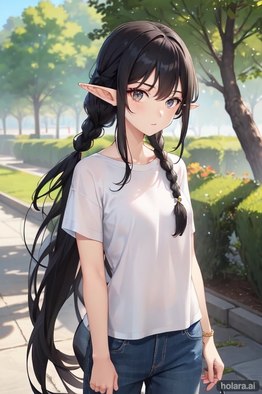 Image of elf with black hair in a braid and gray eyes in a long tshirt