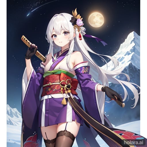 Image of White hair,  long hair, gloves, detached sleeves, kimono, female,  long sleeves, ribbon, solo focus,  thigh-highs, starry sky, bow,  Japanese clothes, star (sky), very long hair, holding katana, hair ornament, grey eyes,  night, simple background, night sky, original, mountains,  moon,  outdoors, purple toned, purple kimono, purple hair ornament, field