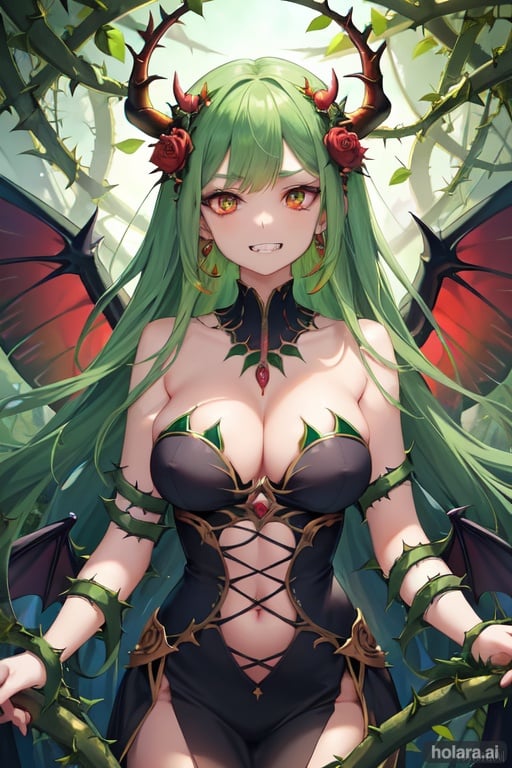 Image of "(highest quality)", "(highest quality)", "(super detail)", "(Forest lush lands)", "green haze+,"(fiery glow)++", "(standing picture)","(girl)", "(jewel-like iridescent eyes)+", "(iridescent sheen)+", "(Glowing Green Butterflies)", "(thorns)+", "(Spiritual Bears, Wolves and Deer )", "(colorful)", "(demon)+", "(village covered in thorns and vines)+", "(cleavage)+",vanilla colored tan skin+,demon wings,jewellery+,Holding a thorny Rose,symmetry+,body wrapped in thorns and vines++,demon horns+,evil grin+,fusion phoenix and girl+,demon queen,symmetrical wings, nature breath,butterflies toward viewer