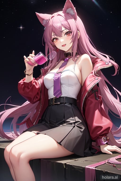 Image of anime teen furry female purple long hair tight red coat tight black skirt perfect anatomy perfect light perfect shadows solo focus sitting juicy pink lips complex background yandere seductive smile open mouth blush holding juice gl bracelet, starry sky hair ornament sungles cute & girly (idolmaster)