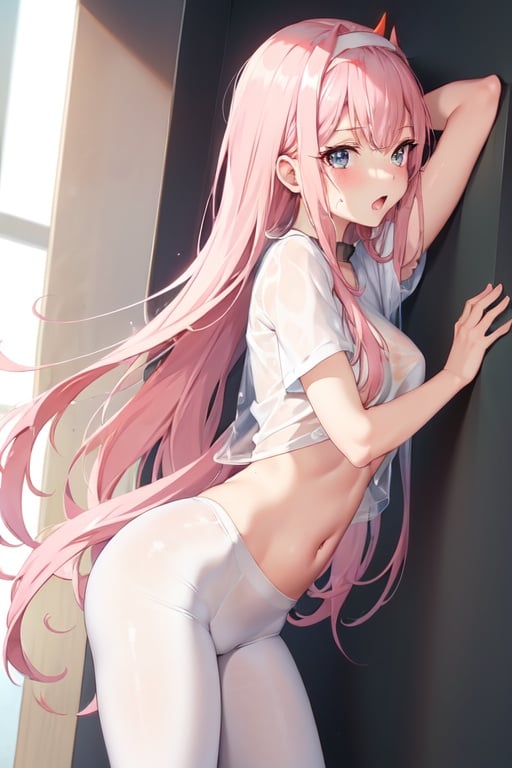 Image of Zero Two, room, sweatdrop, open mouth, blush, standing, front shot, see-through clothes,  leggins, wet shirts