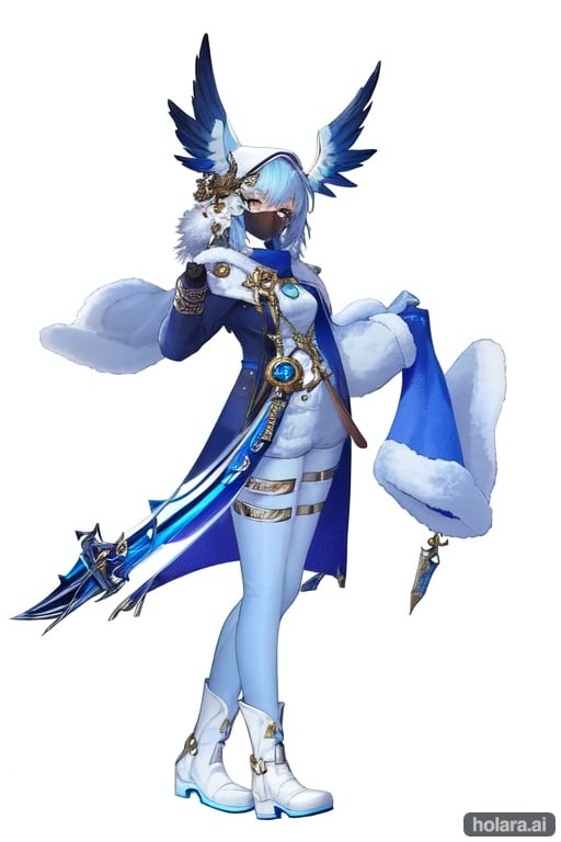 Image of (masterpiece), best quality, expressive eyes, perfect face, full body, 1girl, eighteen years old, wearing a white and light blue skintight bodysuit, under a hooded and fur trimmed blue long coat, blue colored bird mask, short blue hair, hair ornament with a blue gem, hidden eyes, great sword, holding a sword, white gloves, white boots with blue straps, eye mask, 