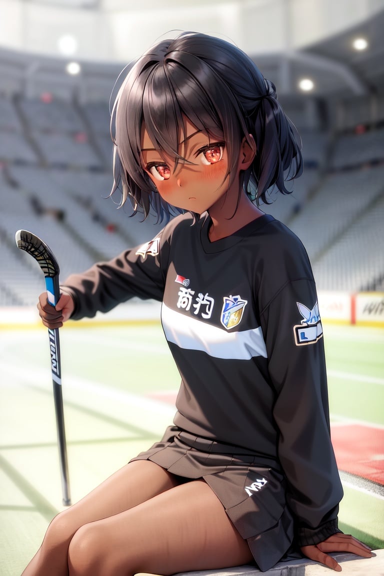Image of 1 girl, (dark skin)+,( cute)+++, black hair, short hair, (blush)++, playing ice hockey , ice hockey jersey, ice hockey stadium , sitting