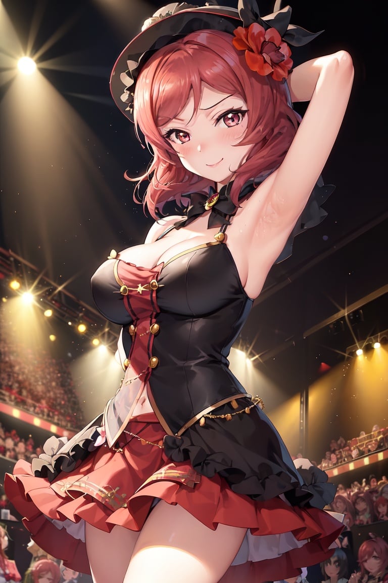 Image of (Very embarrassed)+++,(blush)++,(armpit)+++,(nishikino maki)+++,(lovelive)+++,(huge breasts)+, (hair ornament)+, (black silk hat)+++,(hair flower)++, (big ribbon)++,headdress,bow,(audience)+++,earrings,1girl, solo,(smile)++, very long hair,stage lighting++