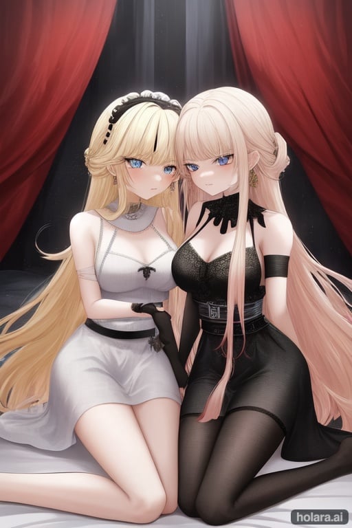 Image of (masterpiece), best quality, expressive eyes, perfect face, couple with blonde hair on the same bed next to each other, 2girls, colored inner hair, dresses, twins, long hair, bedroom, multicolored hair, two-tone hair, looking at each other, blonde hair
AND multicolored hair, two-tone hair, red hair, blonde hair, long hair, blue eyes, aino minako, kneeling, black silk nightgown, black silk gloves, long gloves, black pantihose, red silk sash with ribbon, black crown, playful expression
AND multicolored hair, two-tone hair, black hair, blonde hair, long hair, blue eyes, aino minako, sitting, bandages on legs and arms, white bridal dress, white gloves, white stockings, metallic black collar with chain, white bridal veil, empty expression, smile, black heart stamp on a cheek 
