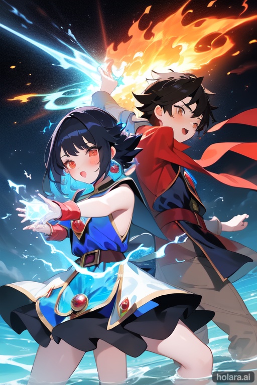 Image of (boy and girl)++, (mage girl and mage boy)++, fire spell, water spell, bright colors, adolescents, dynamic pose, strinking battle pose