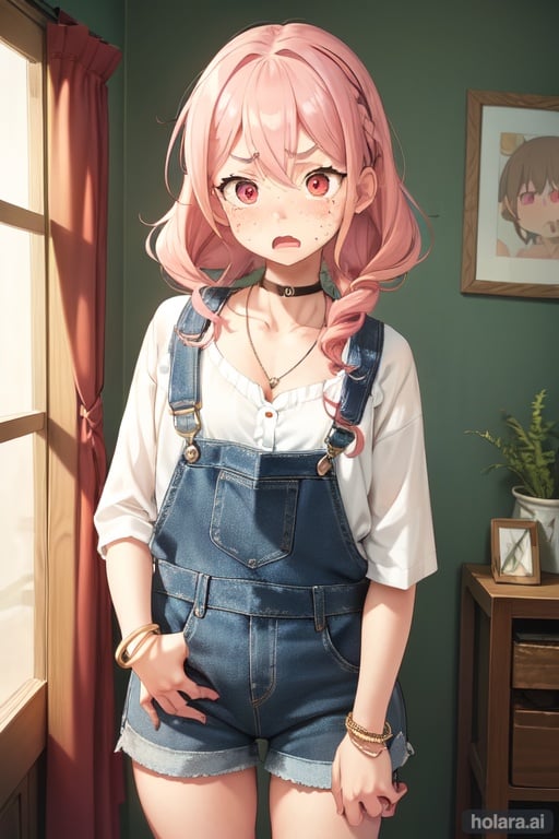 Image of high detail, girl, room, dark skin, country girl, freckles, apron, pony tail, pink hair, black barrette, curly hair, upper arm, denim overalls, short pants, troubled eyebrows, thick thigh, calf, necklace, bracelet, anklet, (red eyes)+, small tits, fantasy, (surprised face)+++, open mouth, inner thigh, full-body shot
