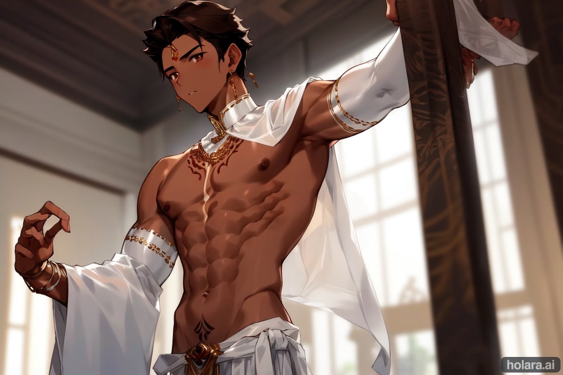 Image of Thai prince, slender, shirtless, white silk sleeves, temple, brown skin+++++, tribal tattoos