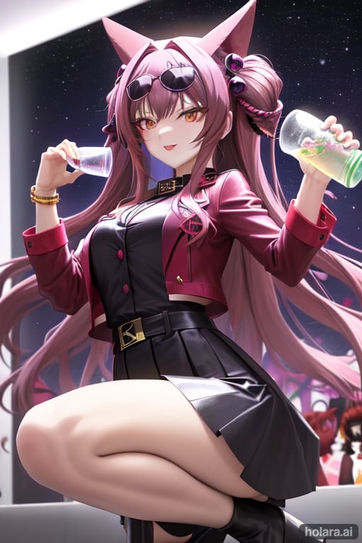 Image of anime teen furry female purple long hair tight red coat tight black skirt perfect anatomy perfect light perfect shadows solo focus dynamic pose complex background tsundere seductive smile open mouth blush holding juice gl bracelet, starry sky hair ornament sungles cute & girly (idolmaster)
