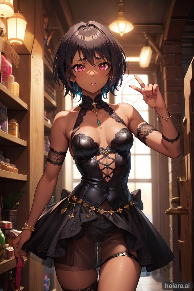 Image of masterpiece, best quality, 1 boy, (cinematic light)+, intricate detail, neon lights, light dark skin, short hair, bewitching thighs, gothic, pink eyes, embarrassed, skirt, flat breasts, elegant wedding dress, cute & girly (idolmaster)