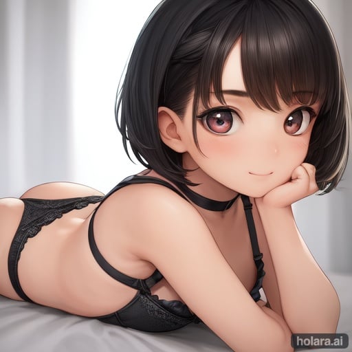 Image of masterpiece++, best quality++, ultra-detailed+, a little girl, child, solo, underwear, beautiful black hair, beautiful brown eyes, beautiful eyes++, short hair, buttocks, flat breast, tiny breast, light smile, ashamed