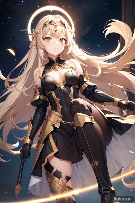 Image of yellow eyes, starry sky, hair ornament,Circlet, long hair, 1girl, solo, from below, :<, boots, armored dress, 