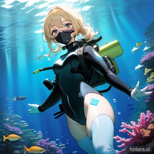 (clear image), 1girl, female, blonde, Combat Diver, thick thighs, small breasts, marina trench, underwater++, Scuba, diving mask, covered face, skin tight suit,