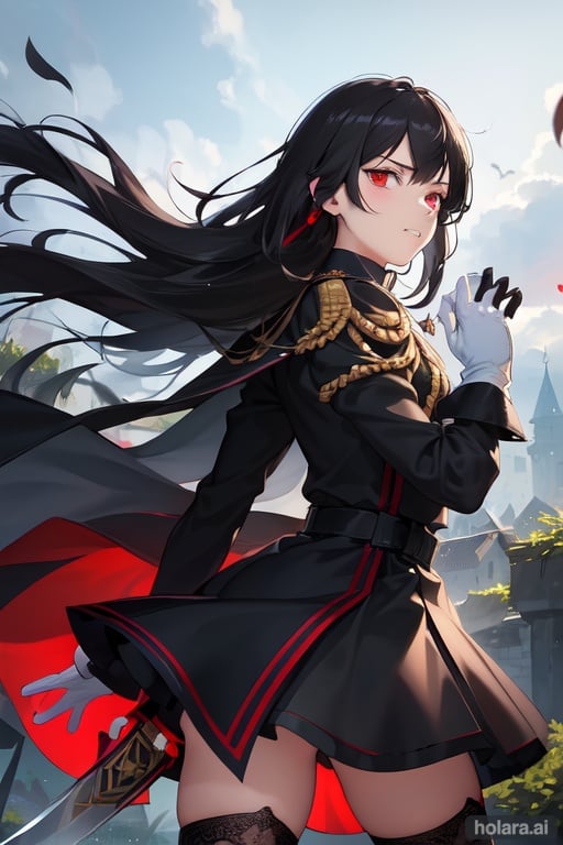 Image of 4k, beautiflu girl, (princess knight)++, black hair, red eyes, long sleeves, (holding western sword)++, rainny background, fantasy, impish grin, dutch angle, outside, nature, leaves in wind, white gloves, outdoors, not expression, wind+, thighhighs under boots, lace trim, ero, dress with slit, long hair, cool beauty, night background

Rainy, Adolf Hitler, gray Uniform, dark, in style of Konstantin Wassilijew