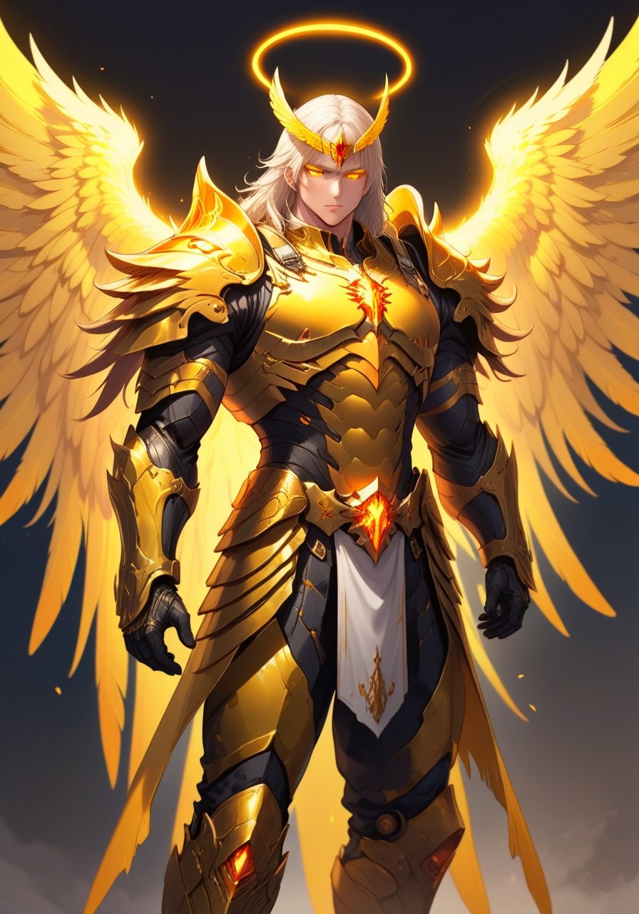 1man, solo, standing, yellow eyes, muscular, god++, angel wings, cool fantasy armor++, power fantasy armor++, perfect face