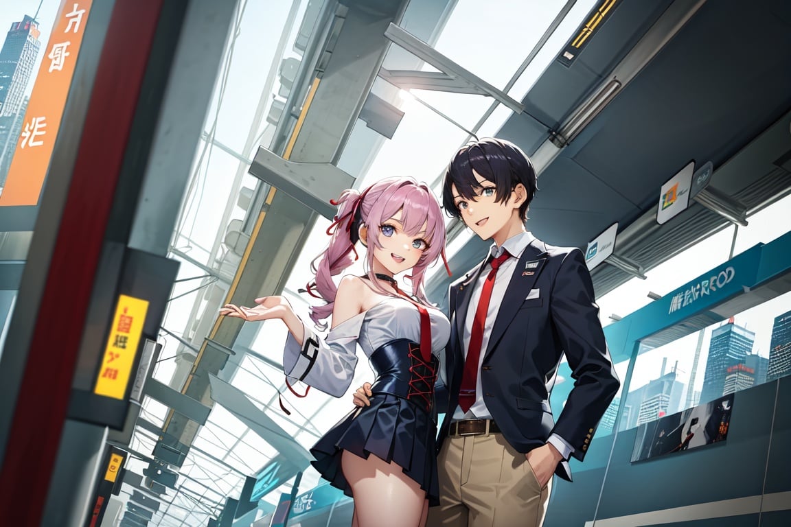 Image of ( couple 1 Wild Hi youth gentle man)++ (1 girl cute loli)+++ (middle breast)++ (cyborg mecha girl impossible clothes choker)+++ (stylish angle)++++ (necktie ribbon)++ jitome (typography industrial Design headphone)++  (future metro station)++++ (masterpiece (excellent finely detailed, best quality) ultra-detailed) (cropped bangs)+++ (braided bun)- (drill hair)- (lower bobbed hair)++ braid (Twin tail)+++ (pony tale)+ (look at viewer)++ (open mouth smile)+ (in heat wide eyes blush)++ (detached sleevs very wide sleeves)++ (mecha school uniform)++ ( colorful mecha corset pleats miniskirt)+++ (erectile s)+ ()) (cyborg android)+++ (gleaming skin)++ (glow eyes highlight)++ tsurime (slobber material texture) (beautiful scene light effect)++++
