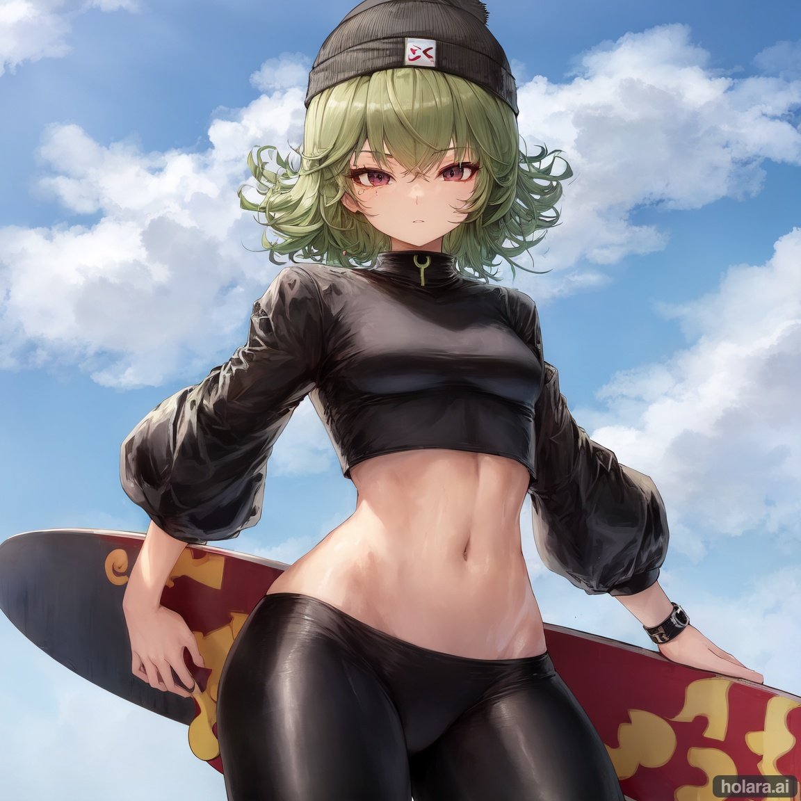 Image of tatsumaki ,crop top, skateboarding, leggings, petite, small breasts, beanie, detailed, thick thighs, los angeles background