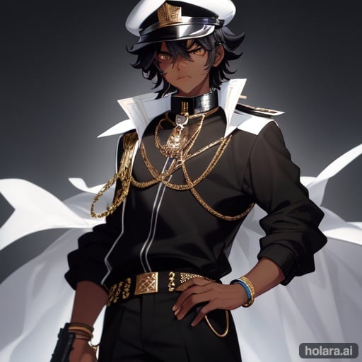 Image of boy, Dark Skin, black hair, afro, wear black jacket, wear black cap hat backwards, eyebrows visible through hair, male focus, standing, white background, wearing chain around his neck, white color on left eye and black color on right eye,  high quality, a gun on his hand, loli, short (loli) /(Hololive/)