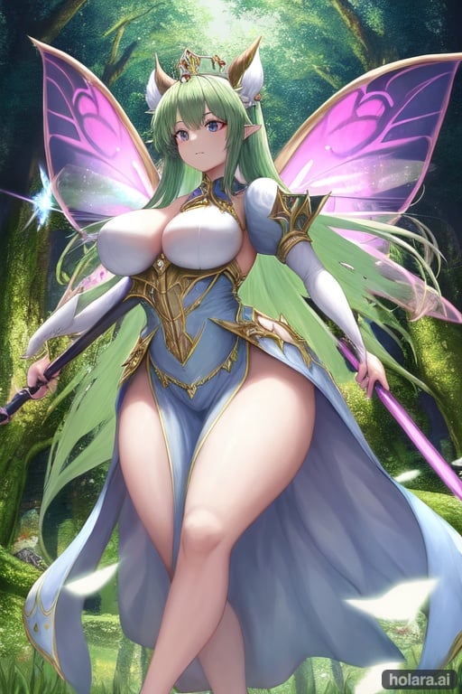 Image of 1female,fairy,Fairy, Empress,Fairy wings,crown,royal dress,royal clothing,regal clothing,wielding a spirit spear,Fairy forest in the background,regal dress,large breasts,thick thighs,perfect anatomy,best quality+++,masterpiece+++