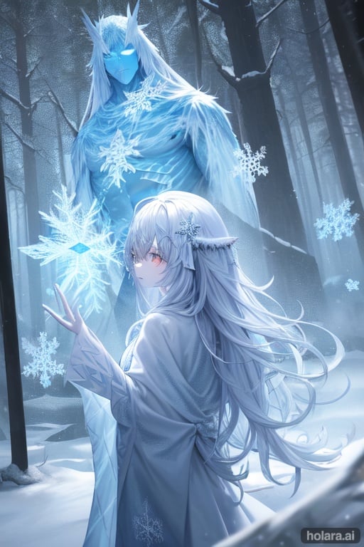 Image of monster, skin made of ice, ice sharps, translucent, reflecting lights, light blue skin, snowy forest, snowflakes