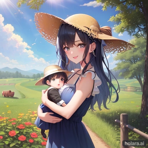 Image of 1girl, dark blue hair, holding baby, summer dress, farm, sunlight, sun hat, green eyes, smile