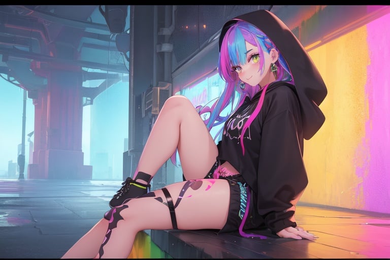 Image of super fine illustration, an extremely cute and beautiful girl, highly detailed beautiful face and eyes, look at viewer, solo, 1girl, y, nightmare before Christmas, neon, Tim burton, world view, gorgeous landscape, letterboxed+++, two-tone hair, bare legs, (Rainbow)++, (cute)+++, braid, (y)+++, (oversized top sleeves)++, (masterpiece)++++, 1girls, (multicolored hair)++++, neckerchief, (oversized hoodie)++, bare legs, (street fashion)+++, 1girl, solo, smile, earrings, (tattoo)++, colorful looks, solo, earrings, (rainbow hair)++, choker, watch, gradient background, long sleeves, dancing