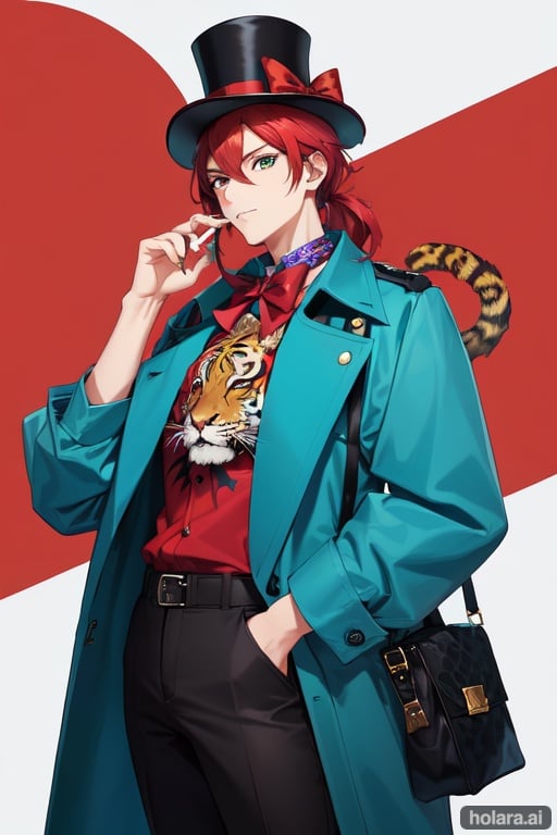 Image of Akron, Male, chin length teal and red hair, wearing tiger print trench coat over a leopard print shirt and black pants with graffiti design and a small purple top hat with bow and ribbon, best quality, masterpiece