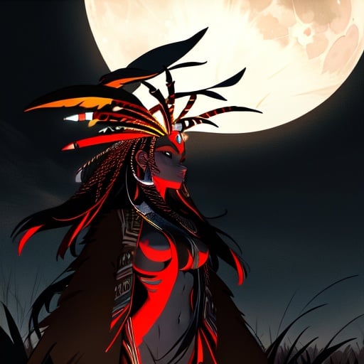 Image of 1woman, tribal attire, ultra detailed, wilderness+, dusk, gr field+, flowing wind, flat colors, injured, perfect face+, perfect body++, moonlight++, at night