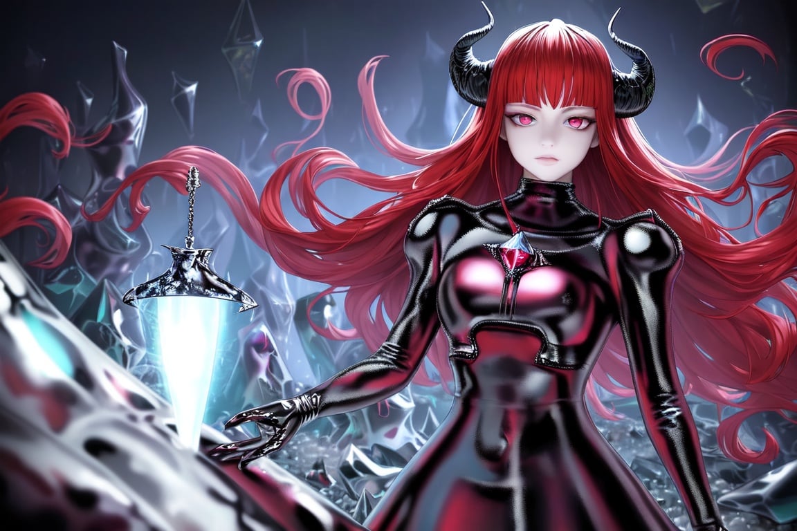 Image of (masterpiece), best quality, expressive eyes, perfect face, horns, red hair, slit eyes, multicolored eyes, ethereal, fantasy, dreamlike, landscape, Intricate Surface Detail, Crystalcore, Crystals, Bejeweled, ethereal dress, fantasy armor,(abstract background), latex++++