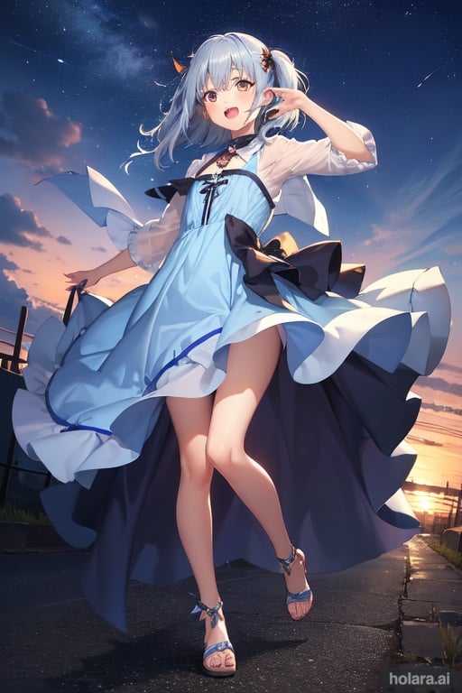 Image of 1girl, little sister, blue silver hair, two side up, happy, brown eyes, smile, open mouth, windy, dutch angle, (full body)+, beautiful detailed twilight sky+, iridescent dress, (perfect anatomy)++