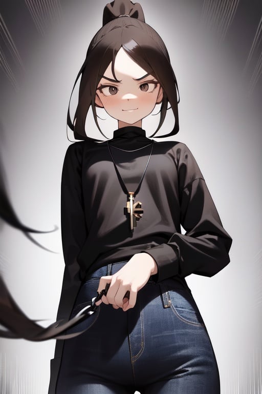 Image of 1girl,  long hair, ponytail, brown hair, black eyes, smirk, calm, jeans, city background, hypnotic+++, dreamlike, (from below), hold a leash, tiny key on a necklace