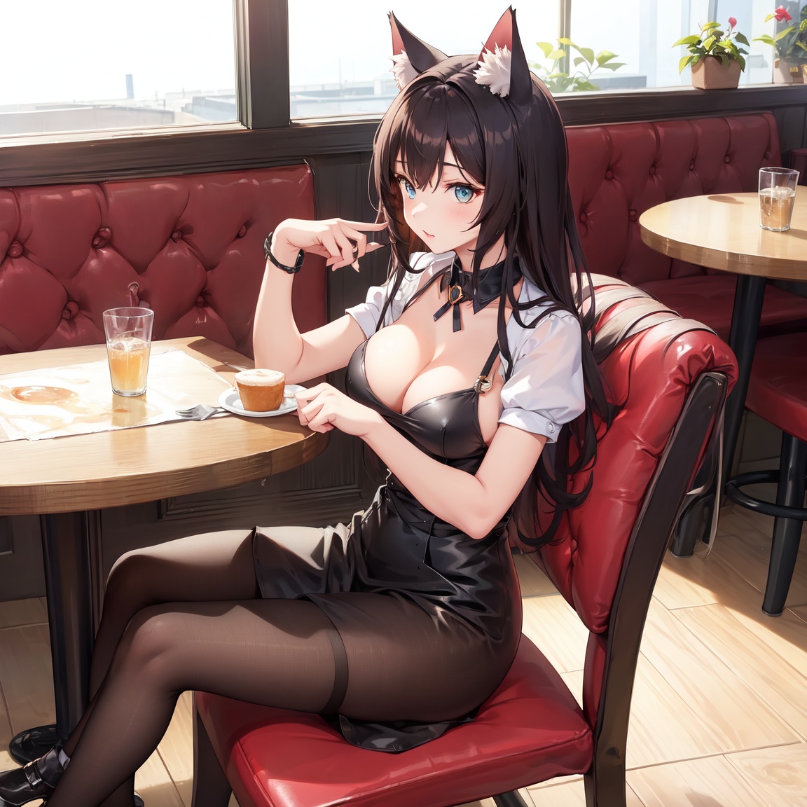Image of perfect catgirl with medium breasts, sitting on chair in cafe