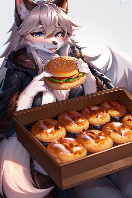 Image of sfw++,best quality+++, ultra-detailed+++, perfect anatomy, perfect eyes, wolf girl, sliver hair, beautiful fur,eating hamburger (pan, lettuce, tomato, meat, egg), holding