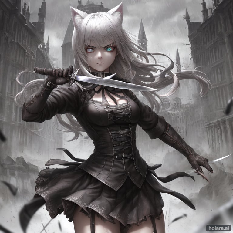 Image of (masterpiece, best quality, ultra-detailed, super fine details)+, crazy eyes, yandere, trio, asymmetrical, medium breasts, ashe rain, 2girls, solo, standing, ultra detailed ++, iron collar, desolate damnation, 8K quality,  looking at viewer, (cat paw gloves)+, (beautiful detailed eyes)+, cat ears, dimension crack, dark theme, blood, knives, 